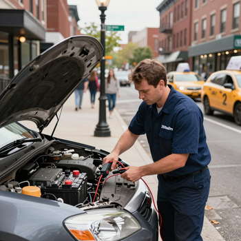 A technician in a blue uniform jump-starts a car's engine on a busy city street with taxi cabs in the background.