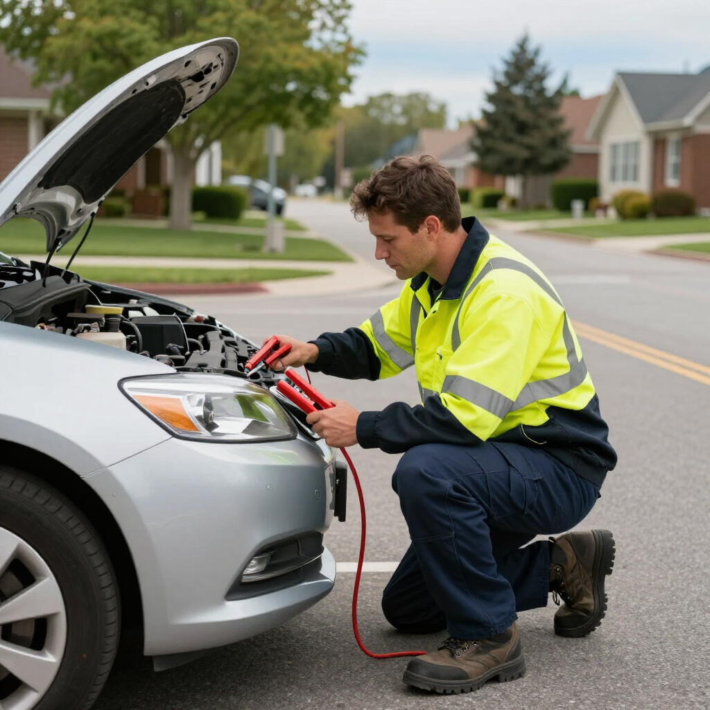 A 295RoadPro roadside assistance technician wearing a high-visibility safety jacket connects jumper cables 