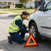 A roadside worker in a yellow safety vest uses a lug wrench to change a tire on a silver car beside a warning triangle.