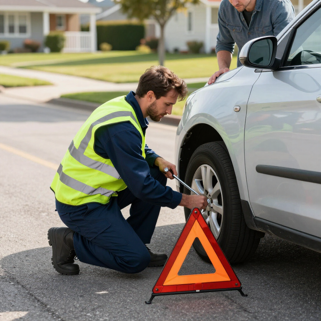A roadside worker in a yellow safety vest uses a lug wrench to change a tire on a silver car beside a warning triangle.