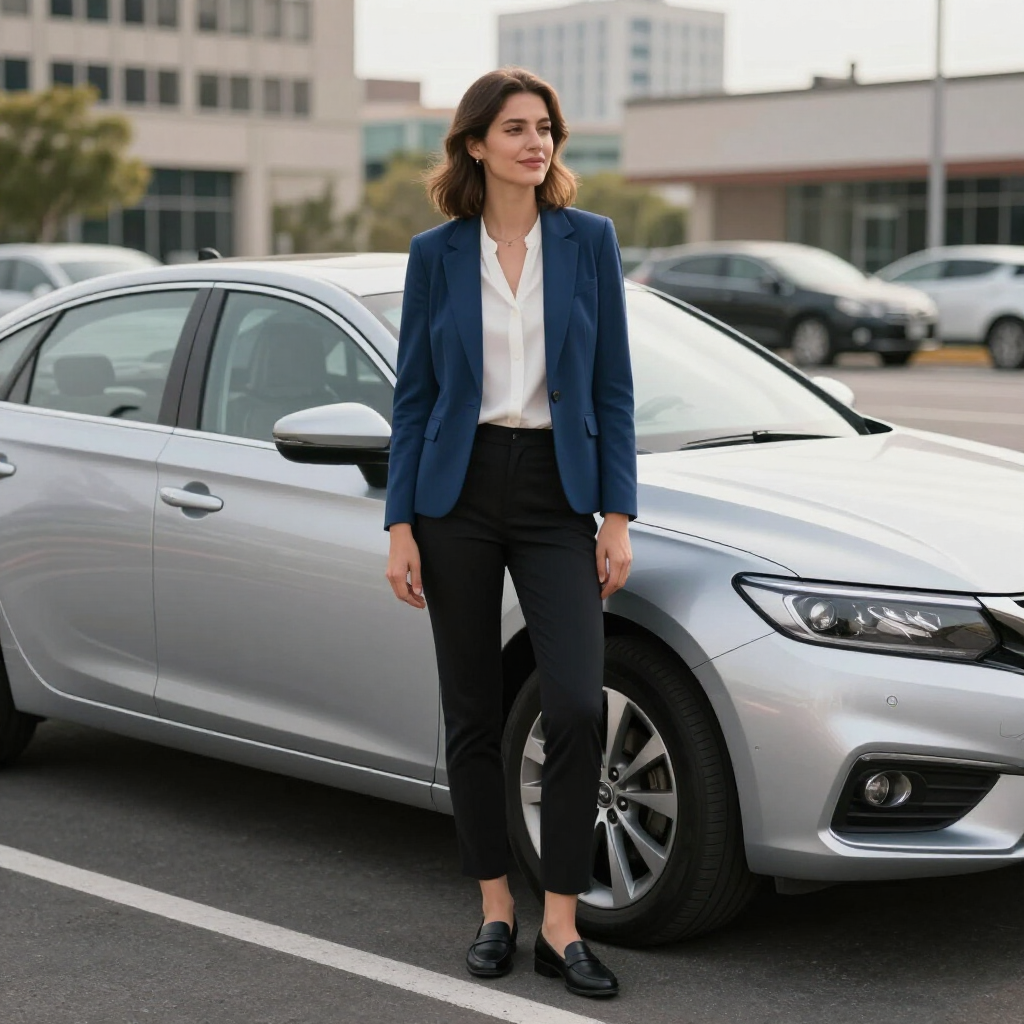 A person in a blue blazer and black trousers stands in a parking lot next to a silver sedan, looking towards the right.