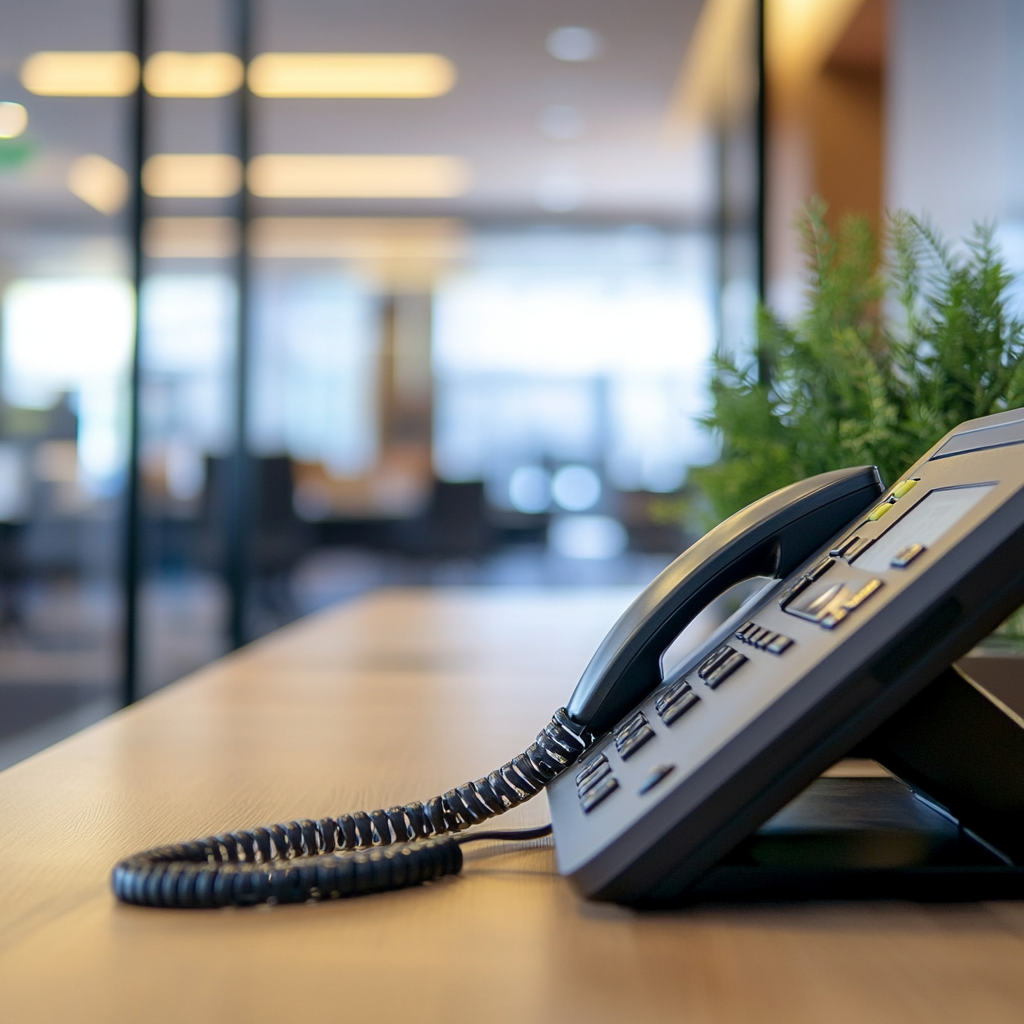 A telephone is sitting on a table with a plant in the background