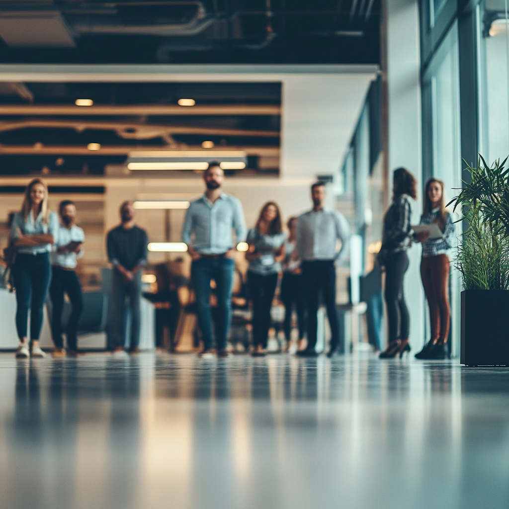 A group of people are standing in a hallway in a building.