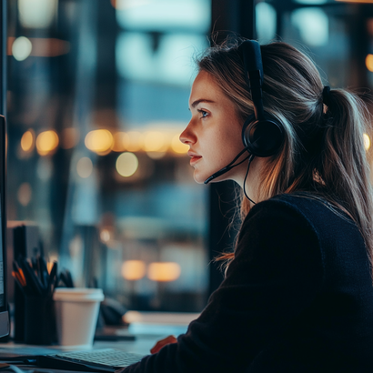 A woman wearing headphones is sitting in front of a computer.