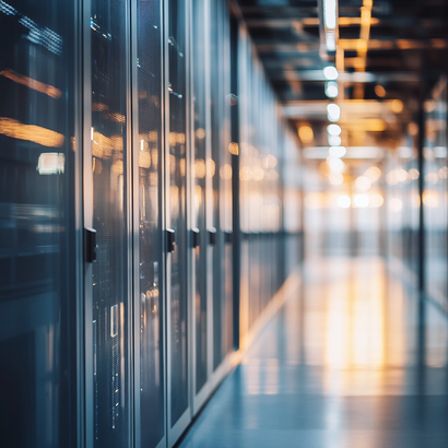 A long hallway filled with servers in a data center.