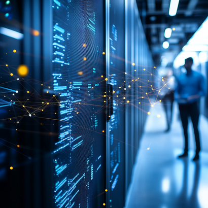 A man is standing in front of a row of servers in a data center.