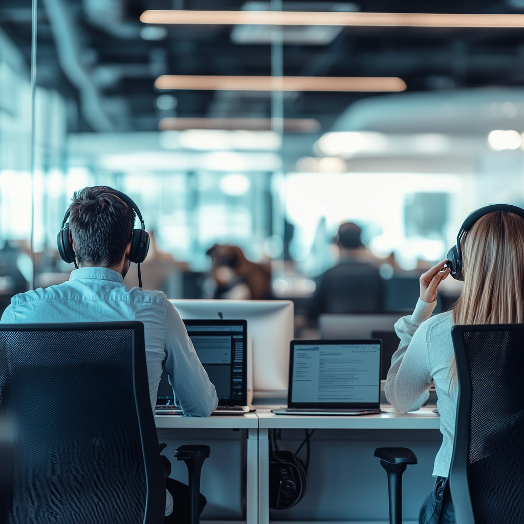 A man and a woman are sitting at a desk with laptops and headphones on.