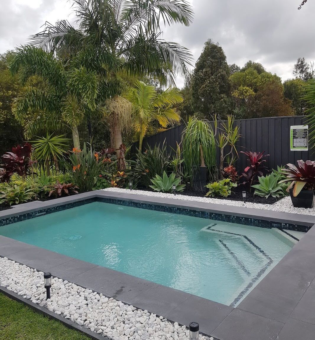 A backyard pool surrounded by lush greenery and white stones, with a dark gray border and steps.