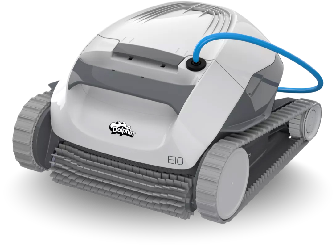 White and gray Dolphin robotic pool cleaner with blue cable.