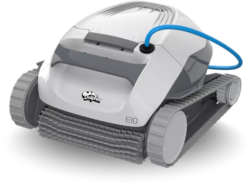 White and gray Dolphin robotic pool cleaner with blue cable.