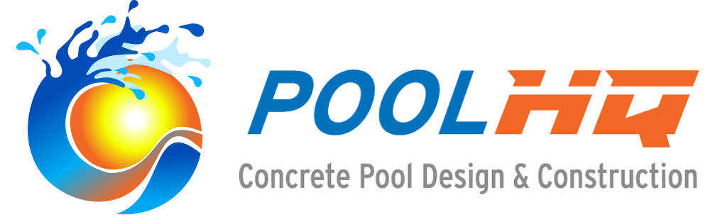 Logo for Pool HQ: a splashing water and sun emblem, followed by the name and 
