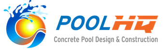 Logo for Pool HQ: a splashing water and sun emblem, followed by the name and 