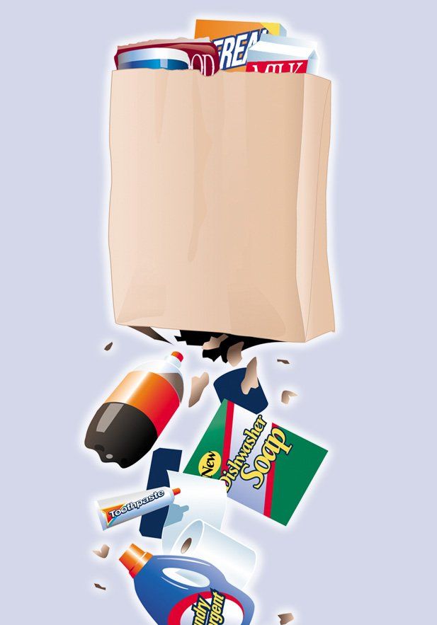 An illustration of a broken grocery bag for a marketing promotion.