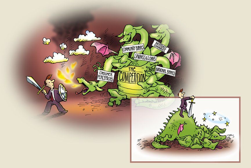 An illustration of a businessman slaying a dragon for a credit union brochure.