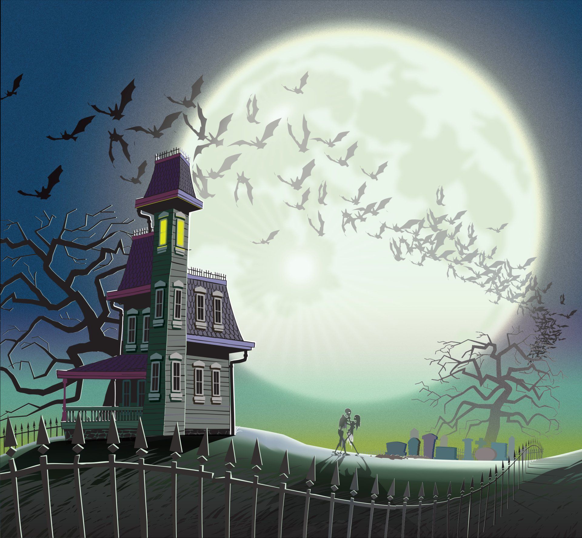 An illustration of a haunted house at night  for Halloween.
