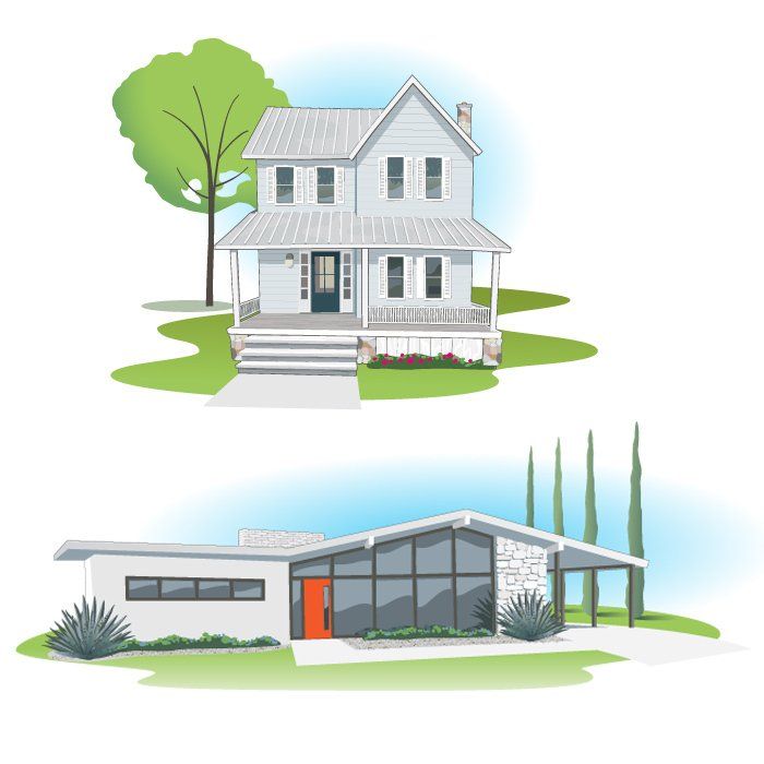 Illustrations of different kinds of homes and their period styles.