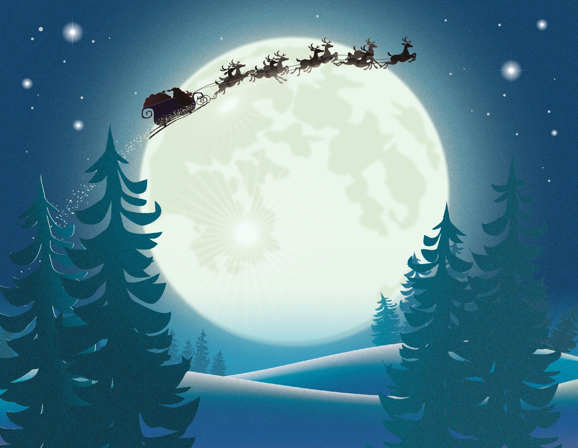 A funny illustration of Santa and his reindeer flying over a full moon at night.
