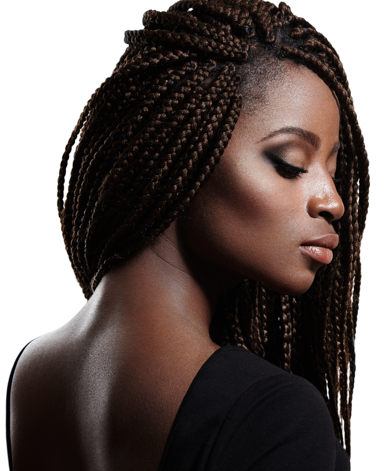 A woman with braids is wearing a black shirt