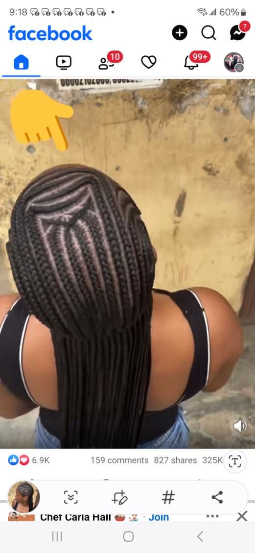 A person with long black braided hair, wearing a black top, is seen from the back on a Facebook post.