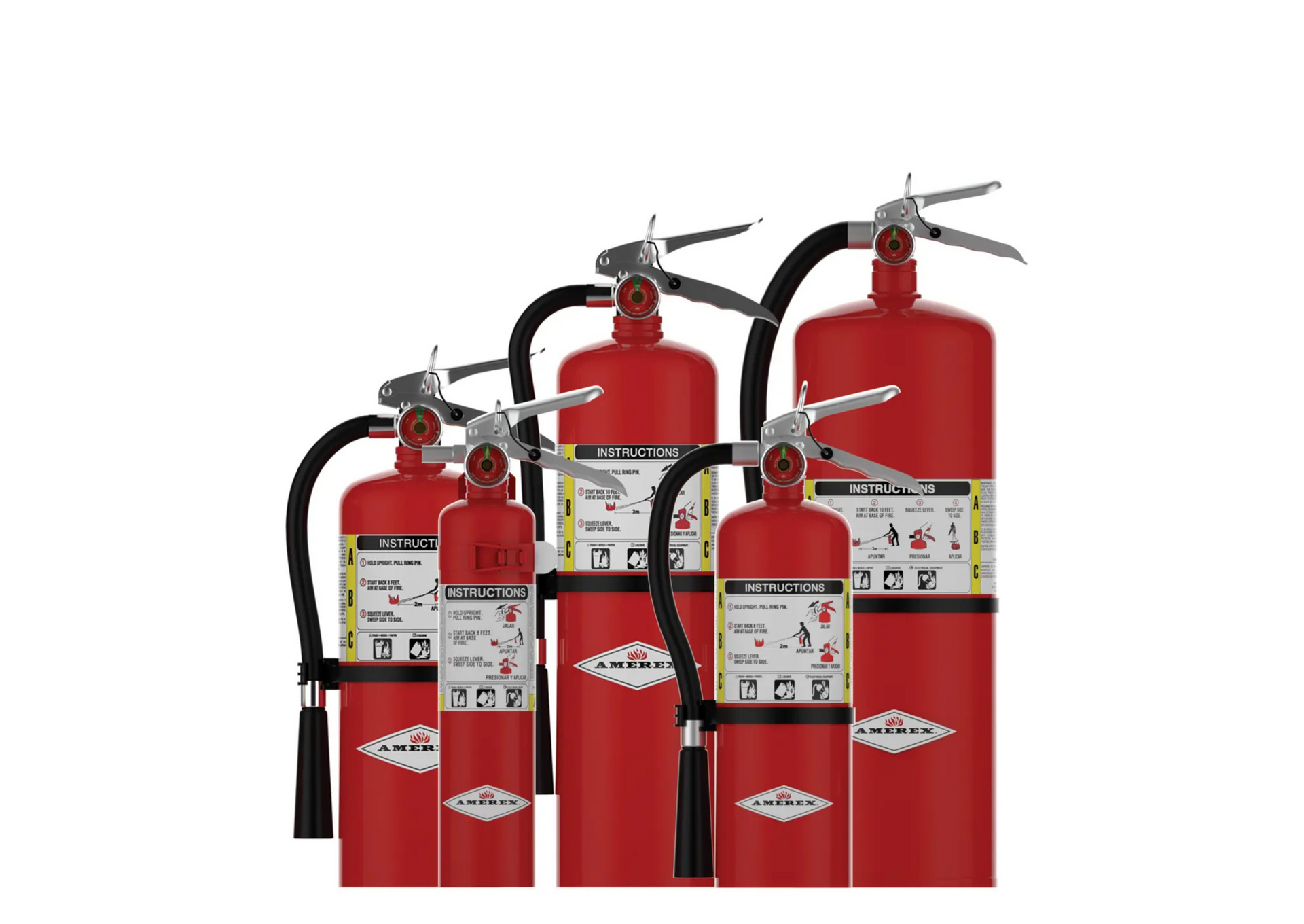 A group of fire extinguishers are lined up in a row on a white background.