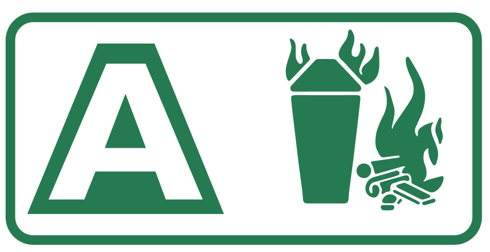 A green sign with the letter a and a picture of a fire.