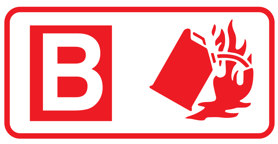 A red sign with the letter b and a picture of a fire.