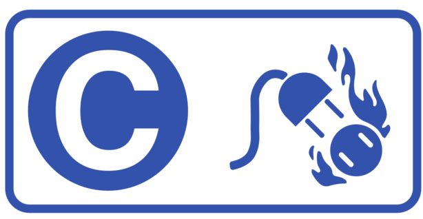 A blue and white sign with the letter c and a plug.