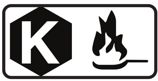 A black and white logo with the letter k and a flame.
