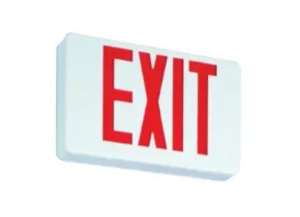 A red exit sign on a white background