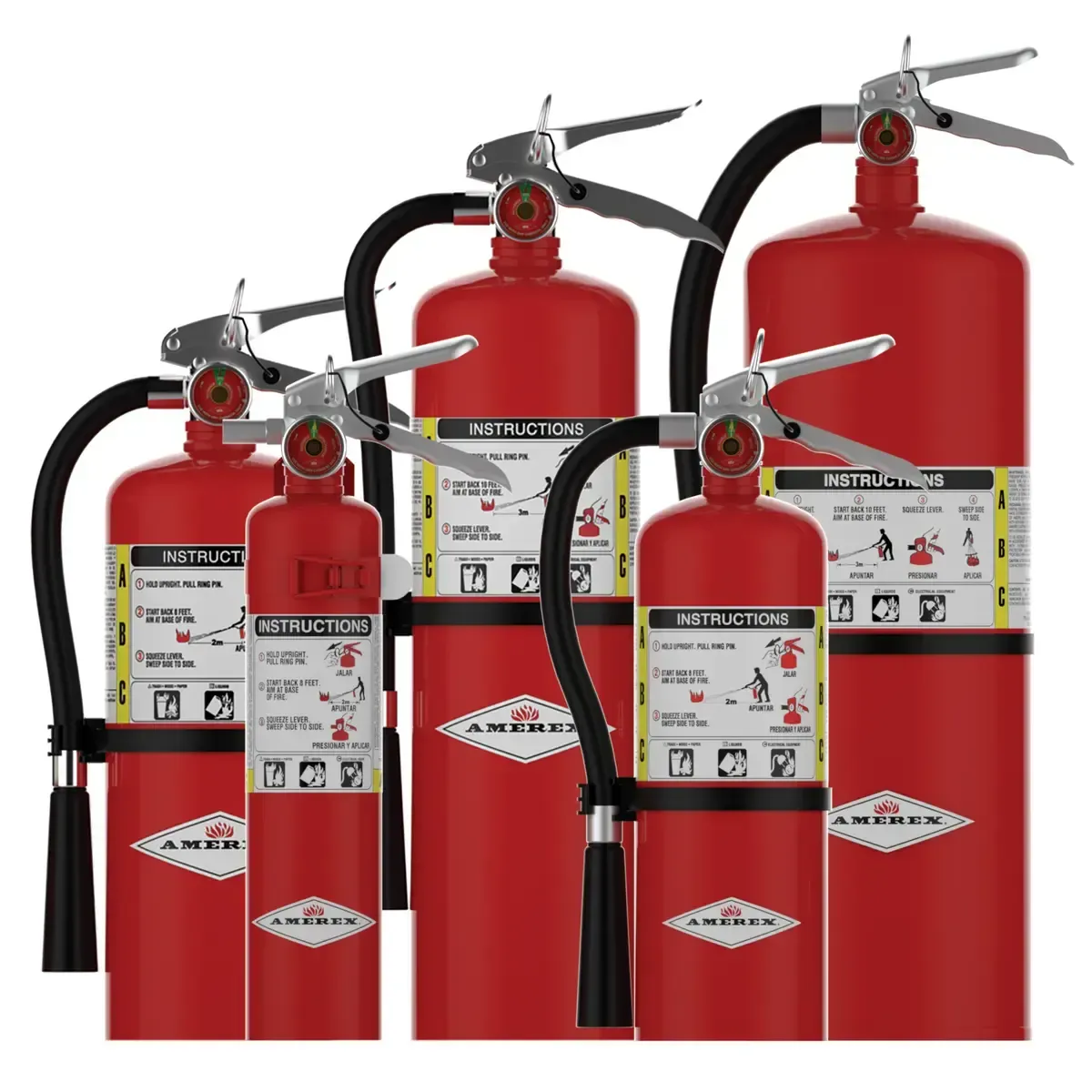 A group of fire extinguishers are lined up next to each other on a white background.