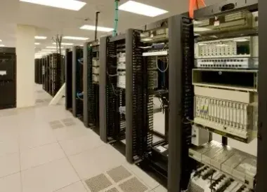 A row of server racks in a data center.