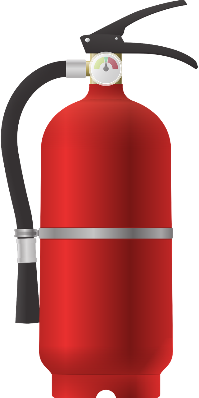A red fire extinguisher with a black handle on a white background.
