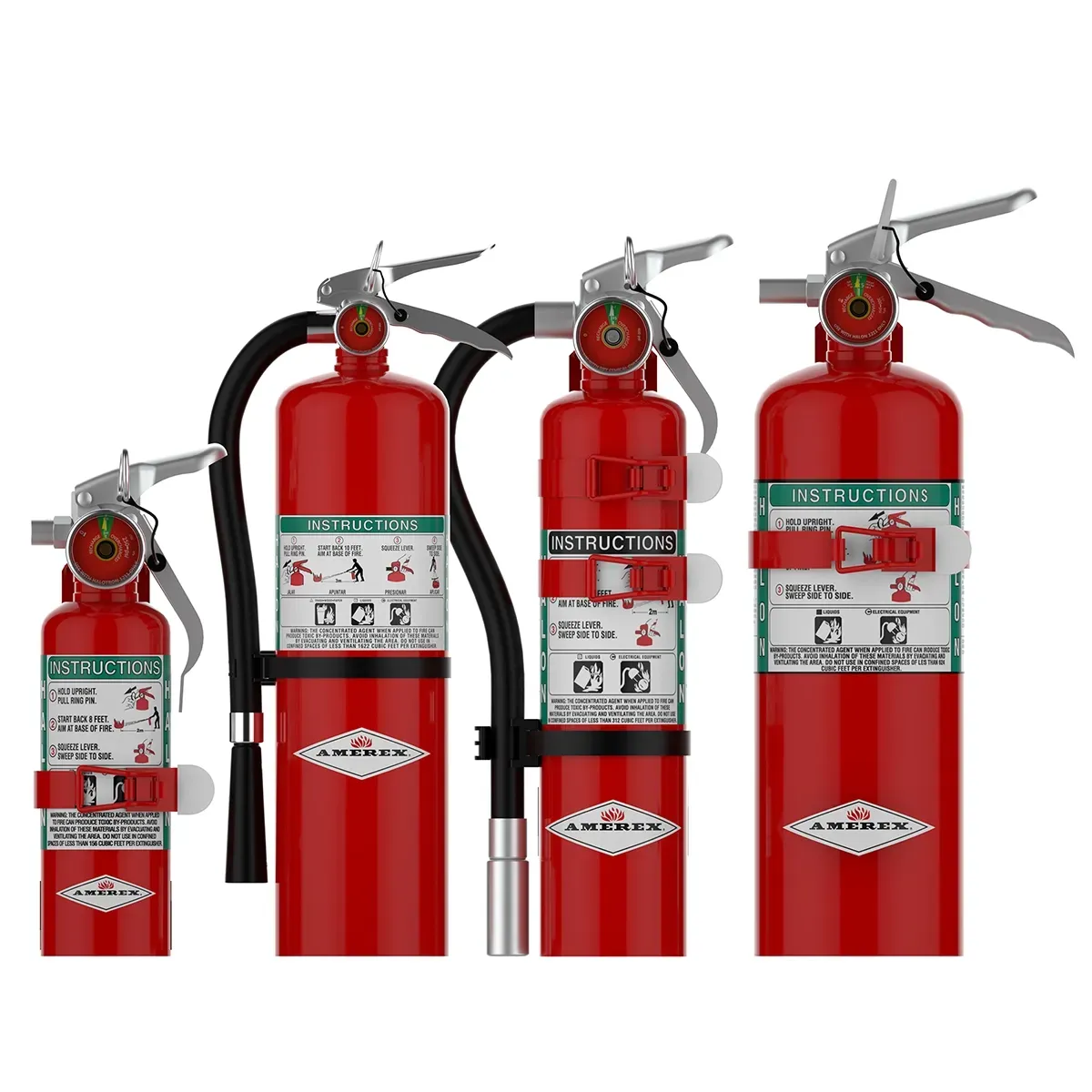 Three different sizes of fire extinguishers are lined up next to each other on a white background.