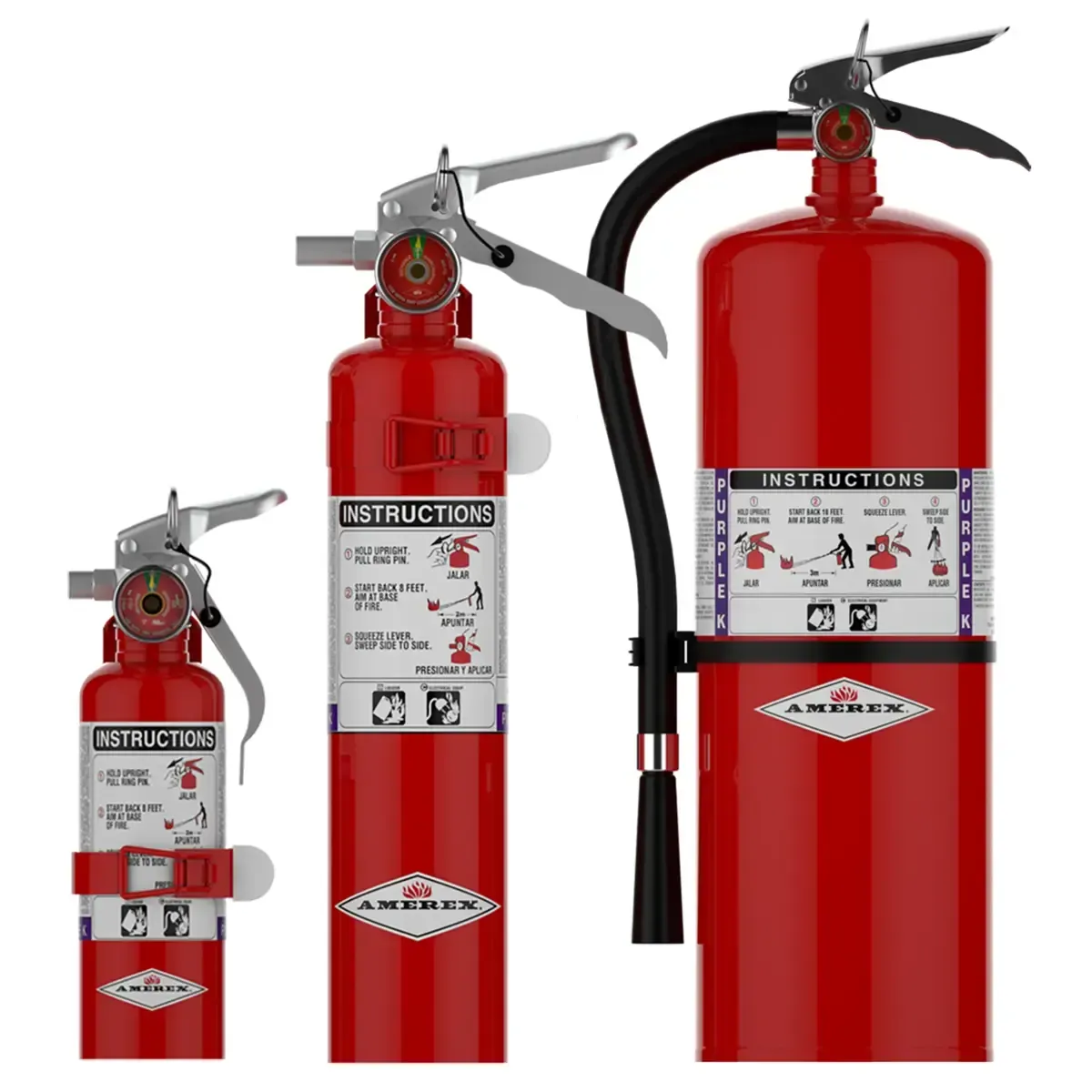 Three different sizes of fire extinguishers are shown on a white background.
