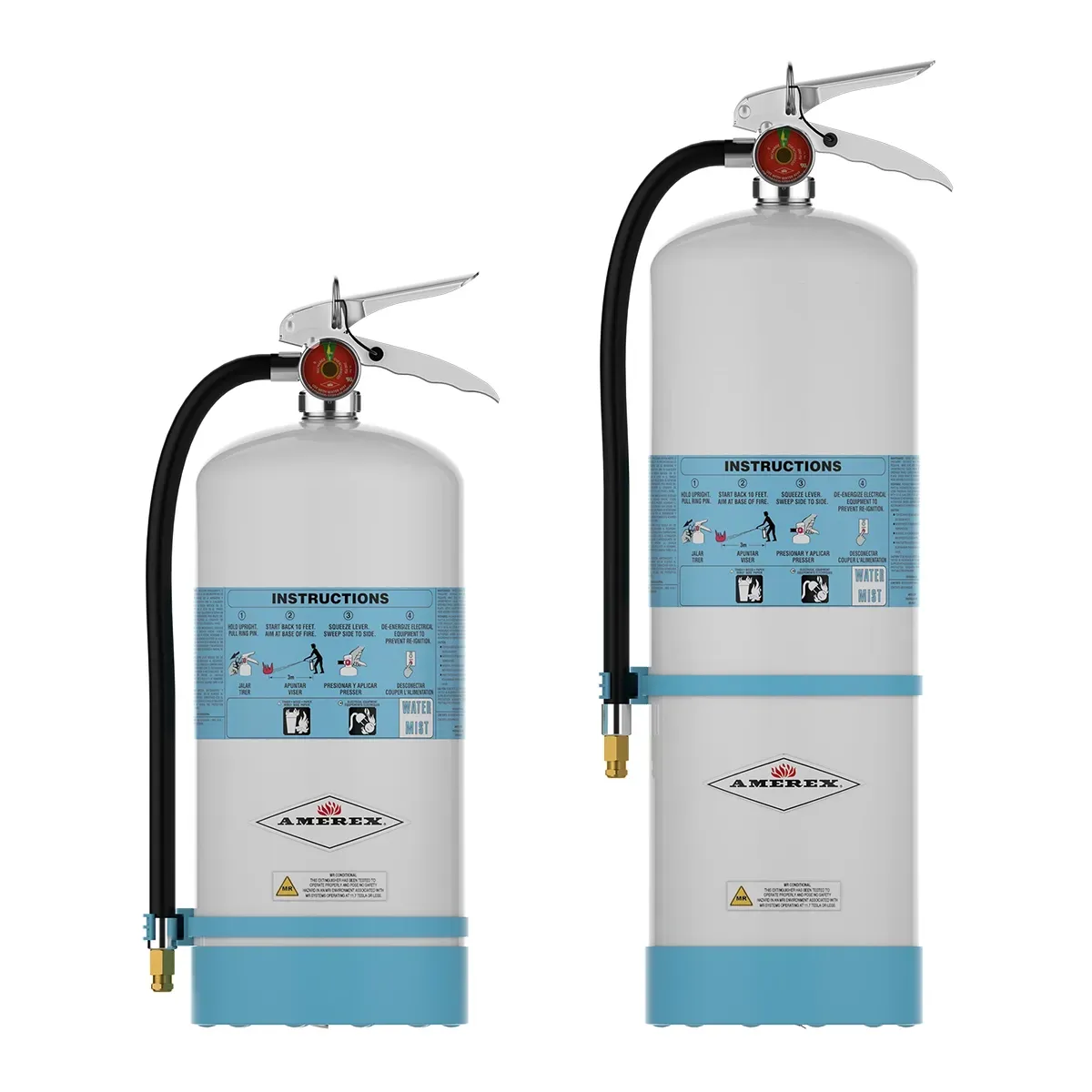 Two fire extinguishers are sitting next to each other on a white background.