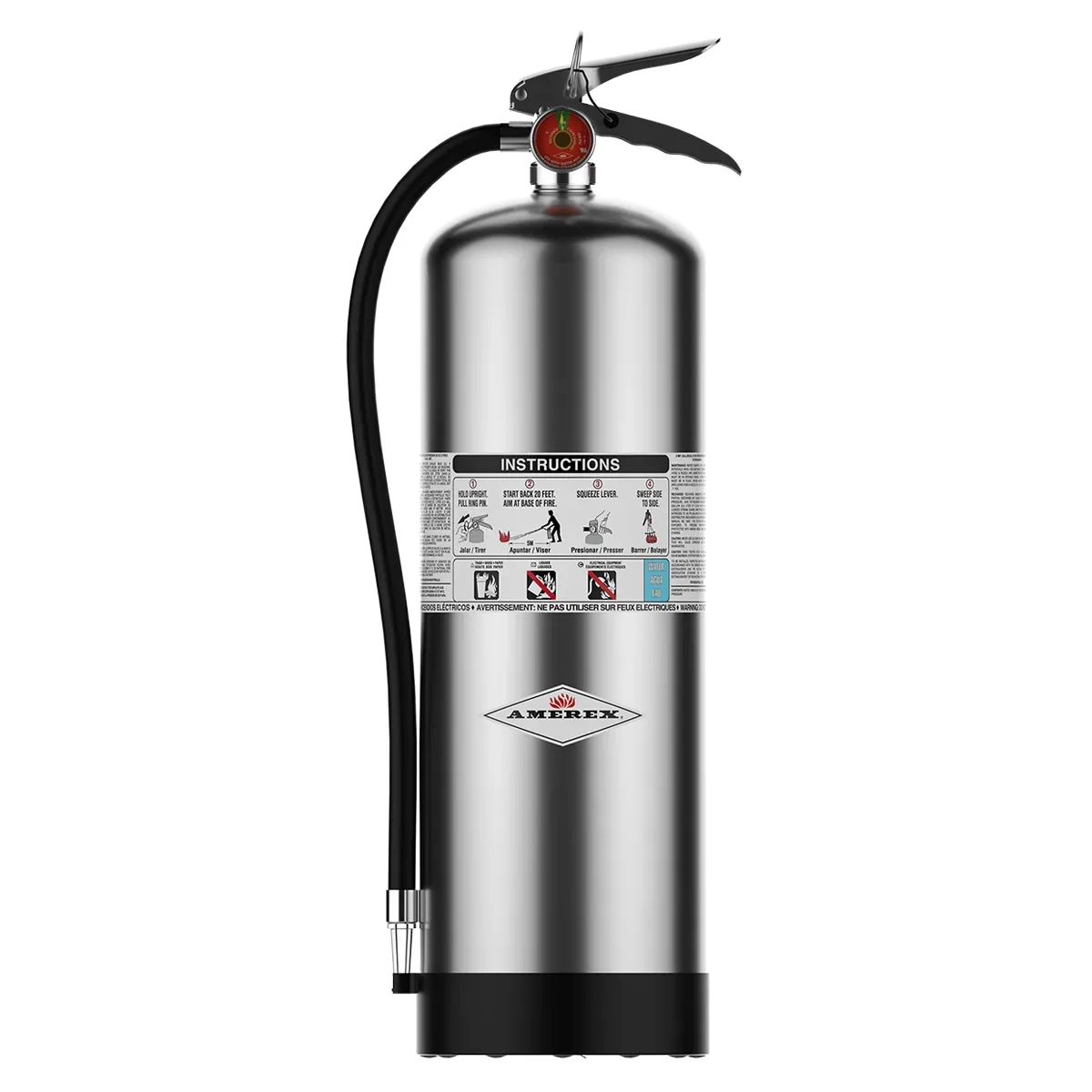 A stainless steel fire extinguisher with a black handle on a white background.