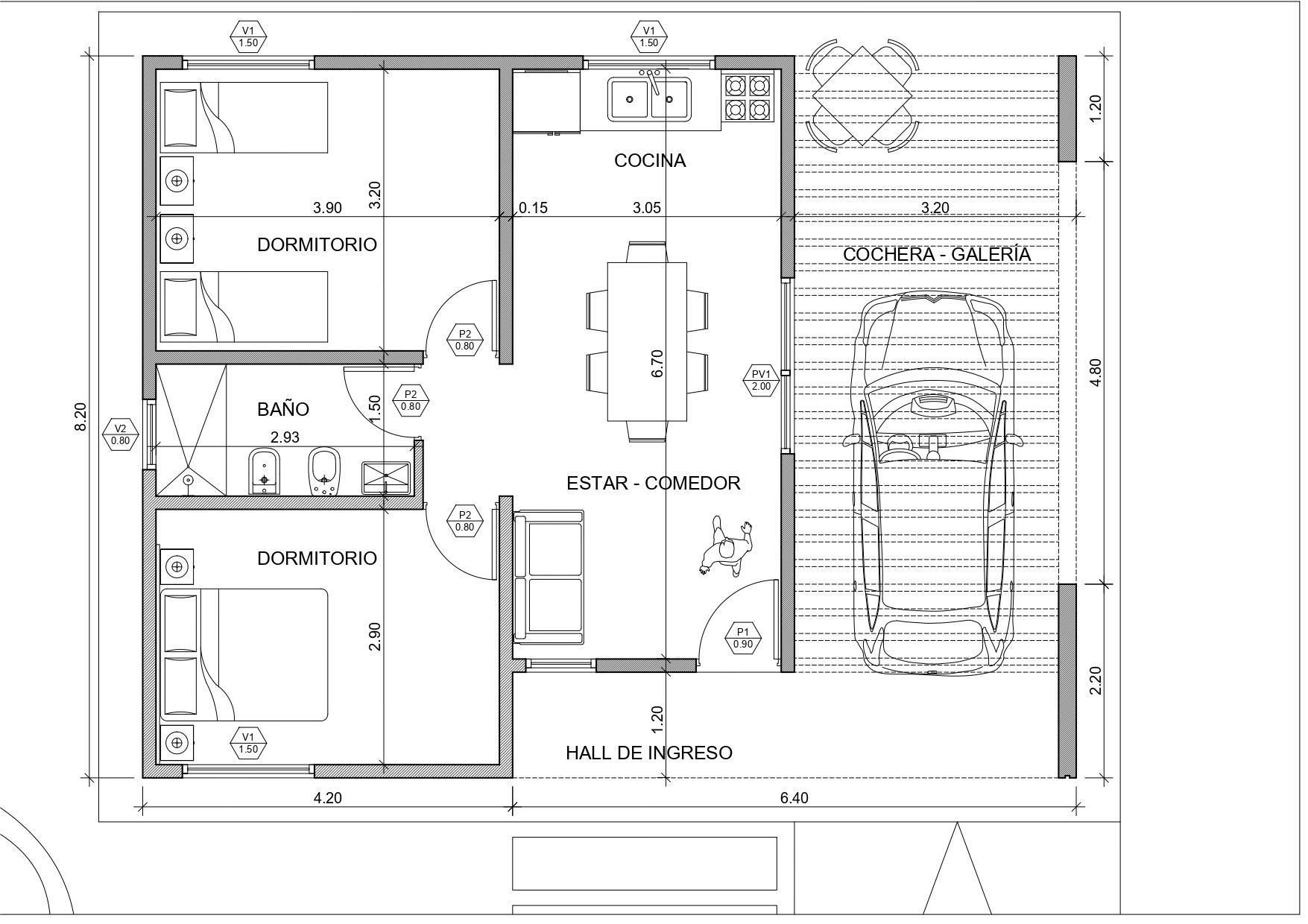 Plano de una pequeña vivienda con dos dormitorios, un baño, una cocina, un salón-comedor y un garaje exterior.