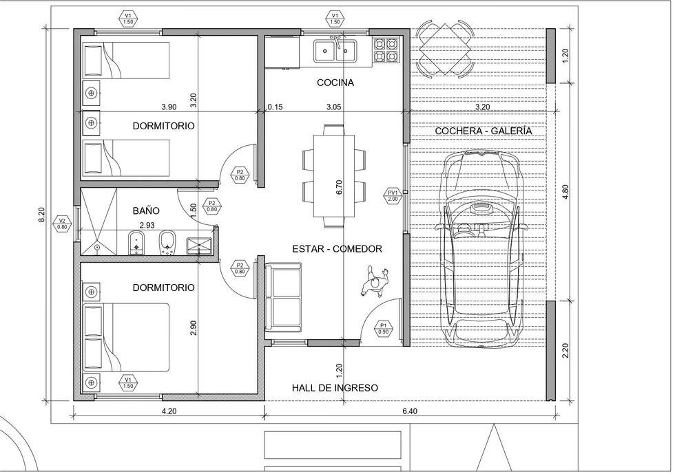 Plano de una pequeña vivienda con dos dormitorios, un baño, una cocina, un salón-comedor y un garaje exterior.