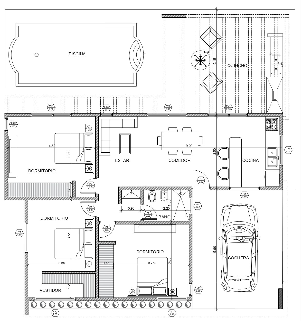 Plano arquitectónico de una casa con sala de estar, cocina, dos dormitorios, garaje y patio exterior con piscina.