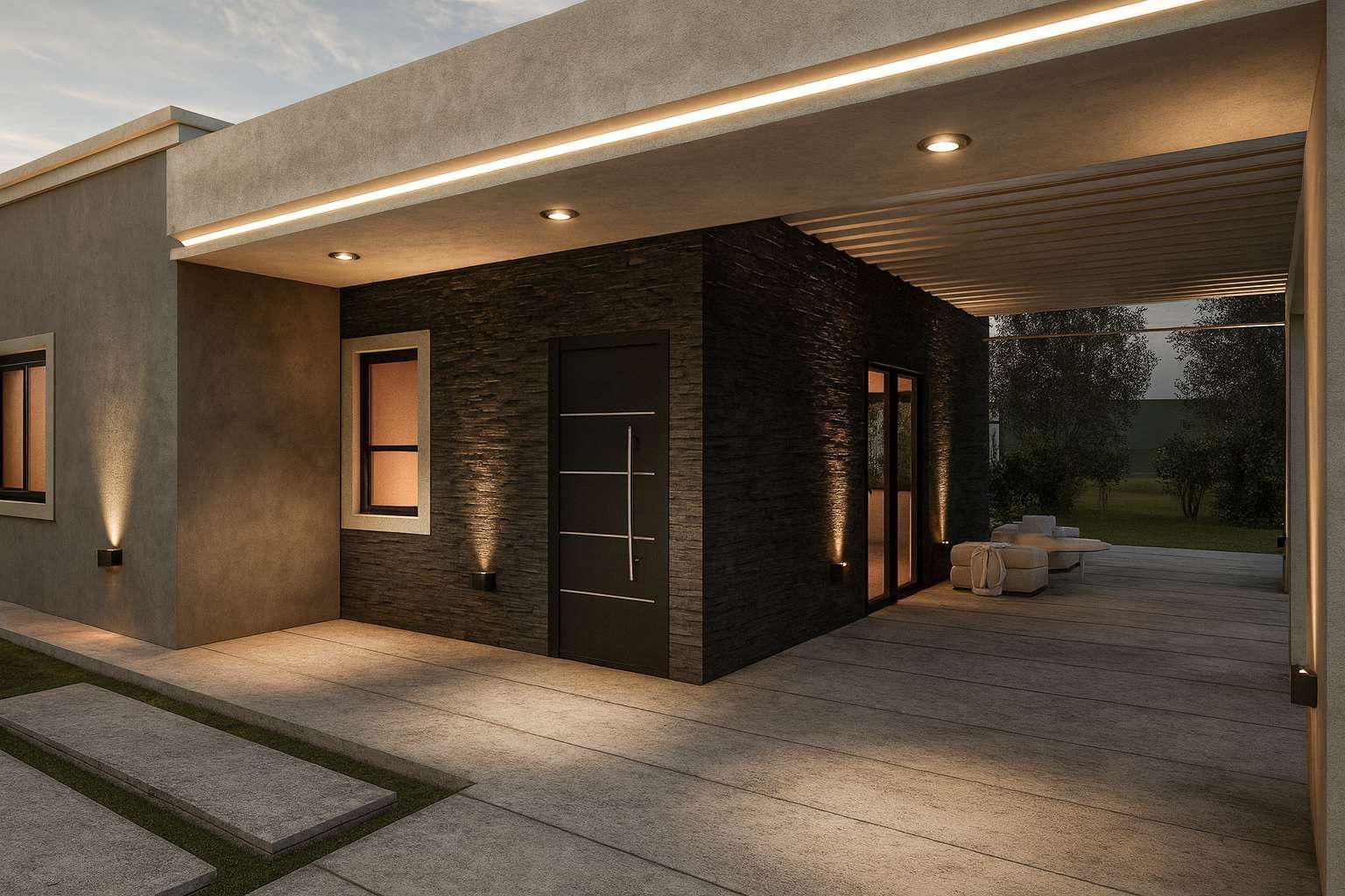 Exterior de una casa moderna al anochecer, con fachada revestida de piedra