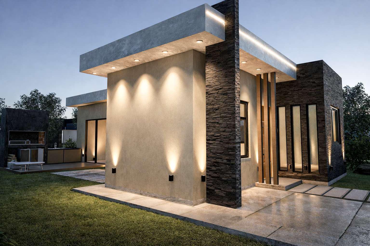 Una casa moderna de una sola planta con paredes de color beige, detalles en piedra oscura