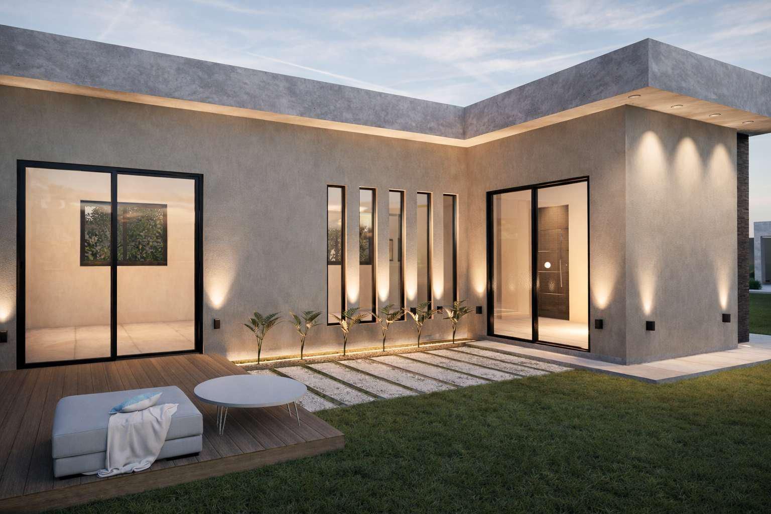 Casa moderna minimalista con patio, terraza de madera, grandes puertas corredizas de vidrio