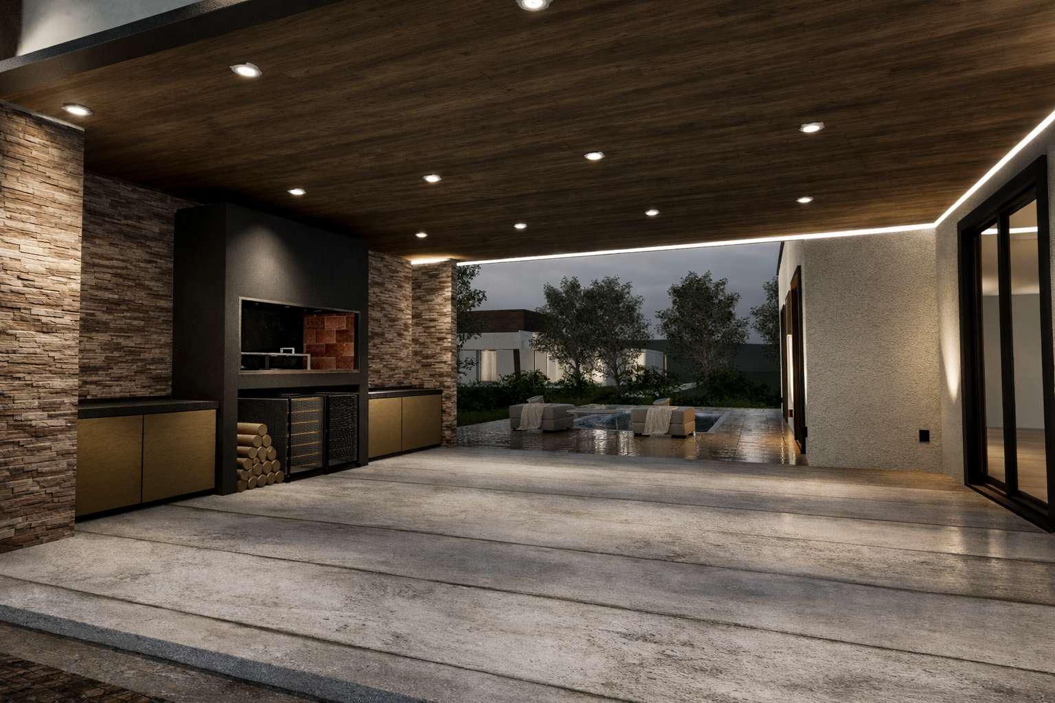 Cocina y zona de estar modernas al aire libre, ideales para disfrutar del atardecer