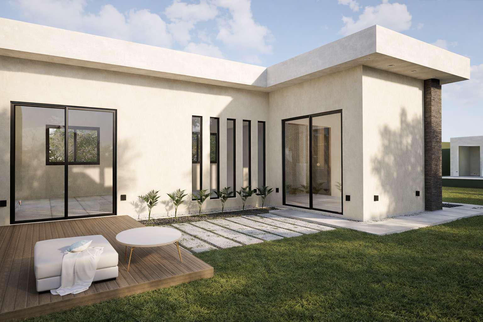 Casa moderna en forma de L, de color blanco roto, con grandes ventanales, una terraza de madera 