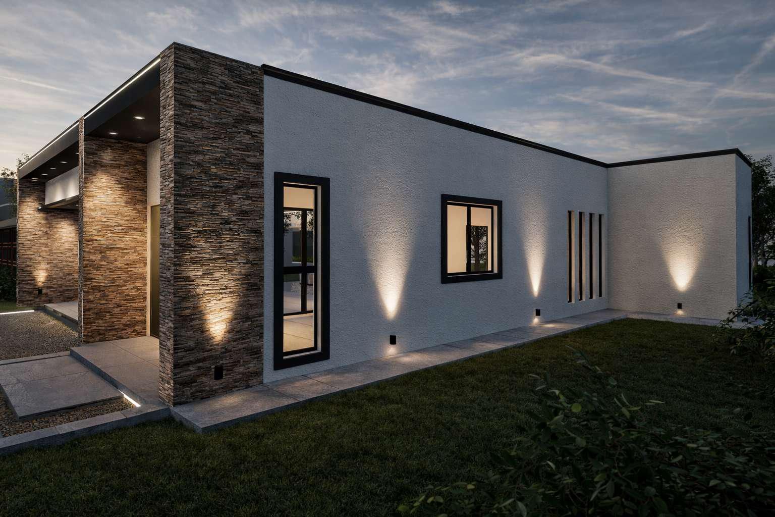 Una casa moderna de techo plano con paredes de estuco blanco, columnas revestidas de piedra