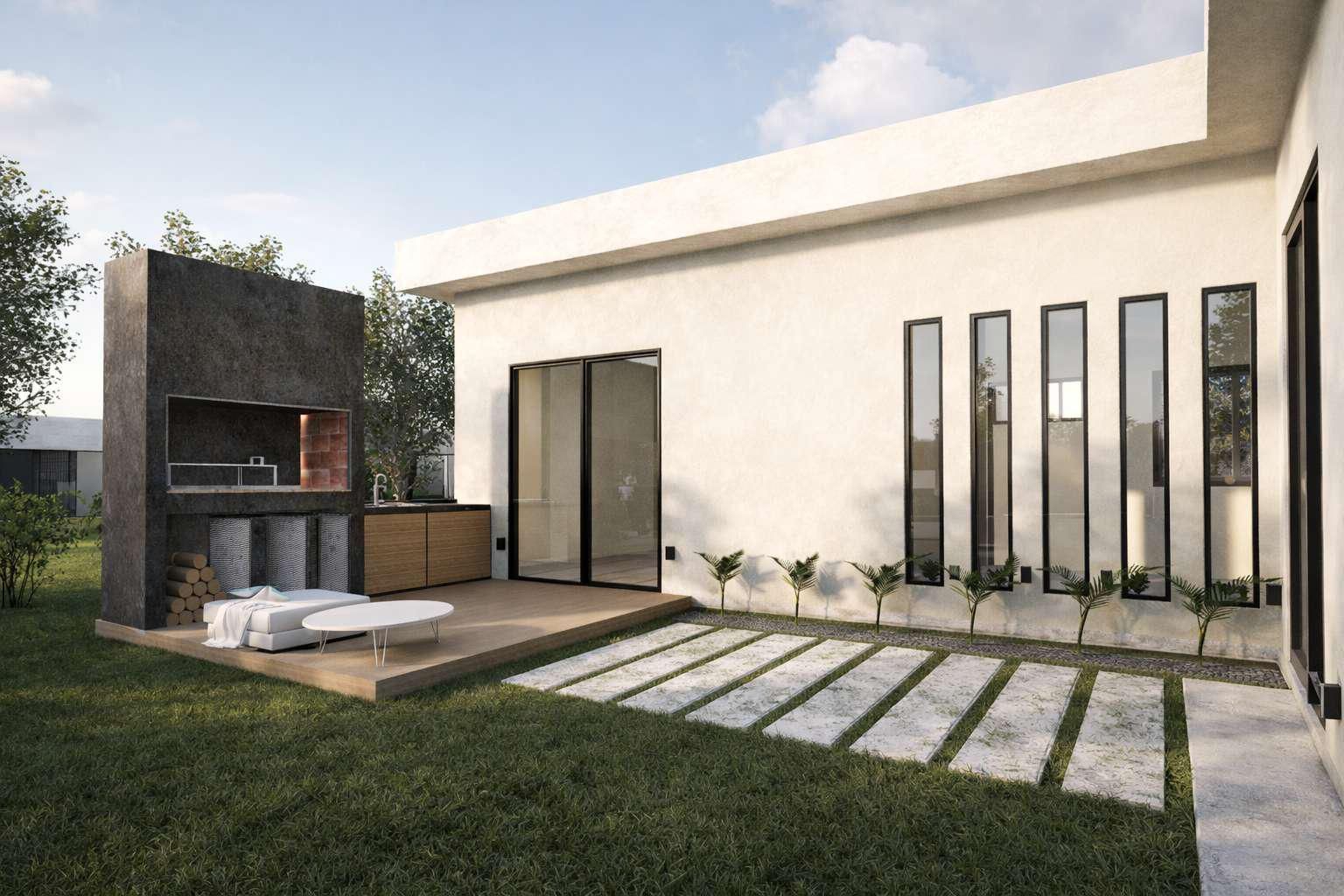 Exterior de una casa moderna de color blanco con patio, parrilla de ladrillo al aire libre