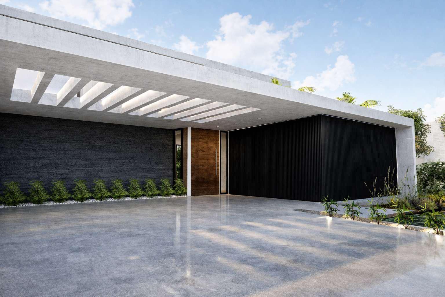 Exterior de una casa moderna con techo de listones blancos, muro de piedra oscura, puerta de cristal