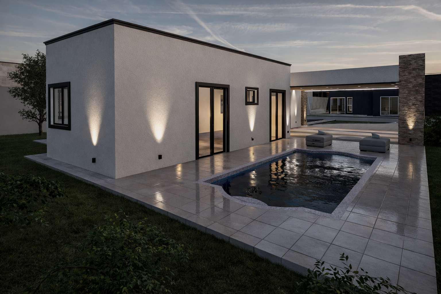 Edificio rectangular moderno de color blanco con una pequeña piscina y un patio exterior embaldosado