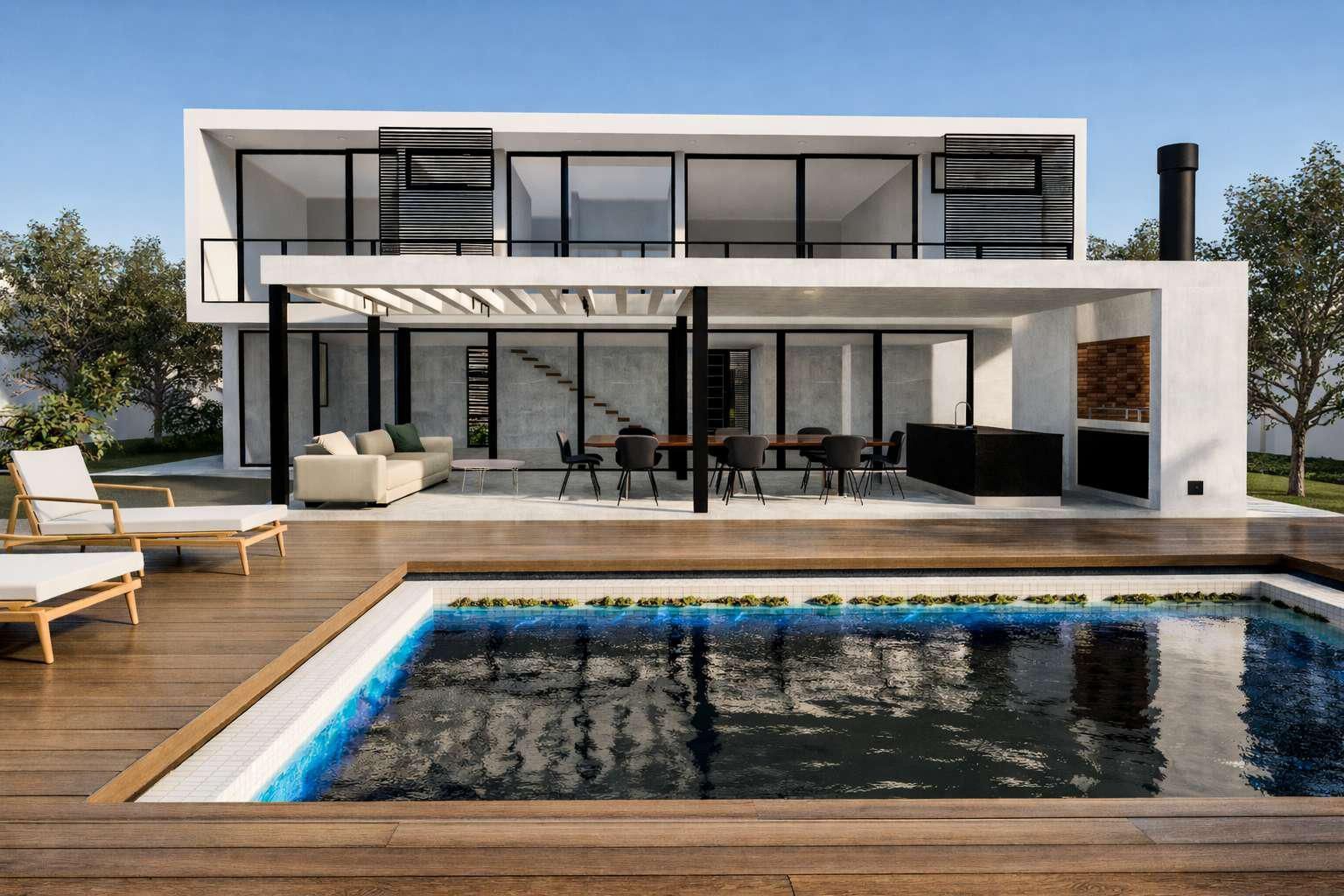 Una moderna villa blanca de dos plantas con piscina rectangular, terraza de madera y zona de estar al aire libre