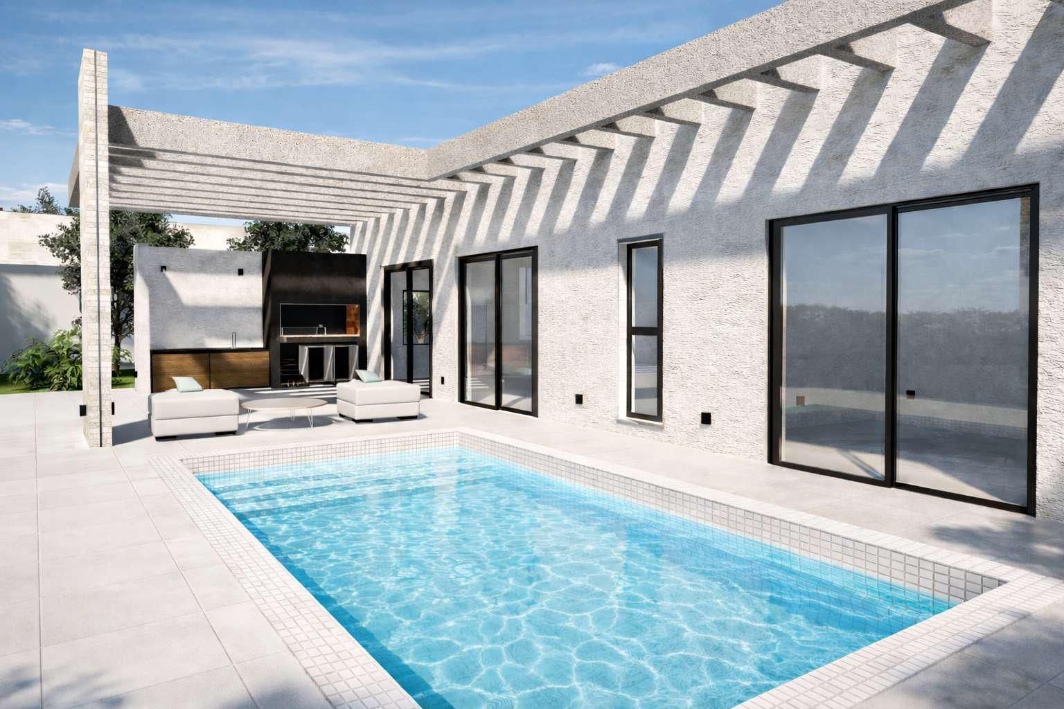 Moderna casa de piedra blanca con piscina, patio sombreado y grandes puertas corredizas de cristal 